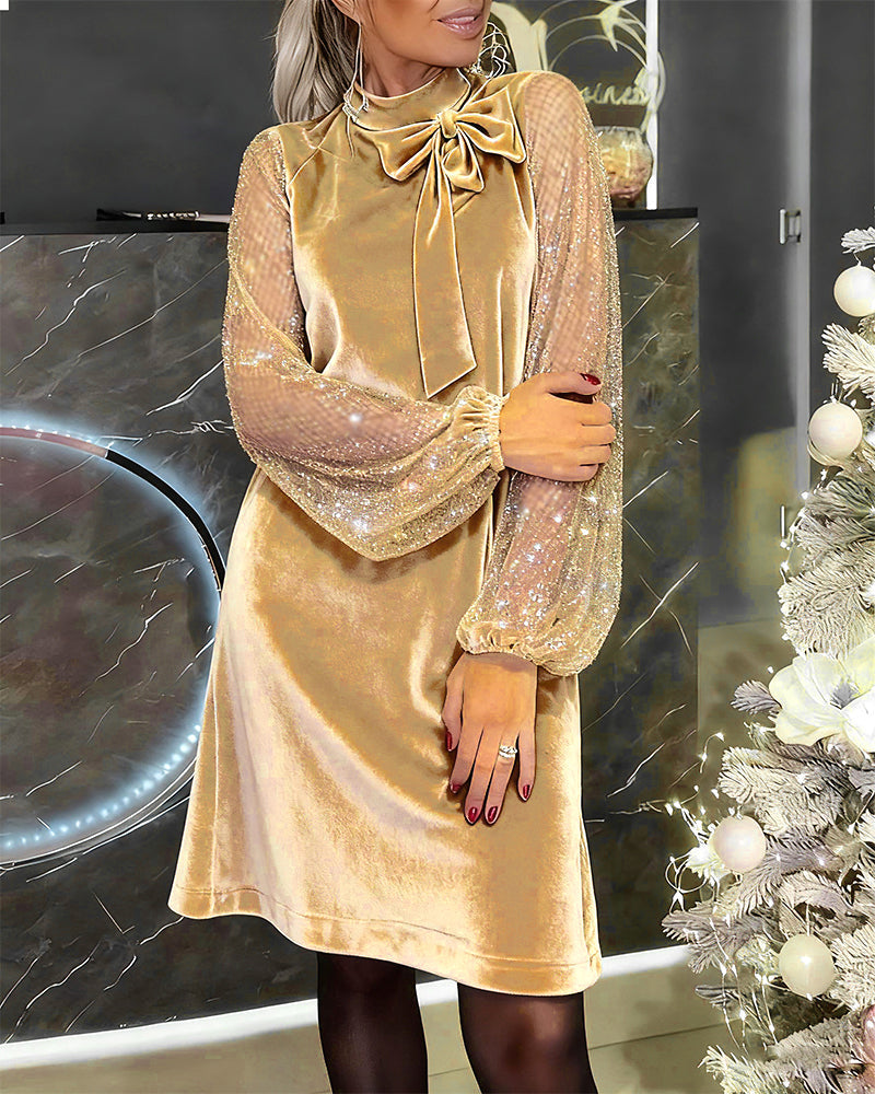 FALWYN | ELEGANT PATCHWORK LANTERN-SLEEVE DRESS