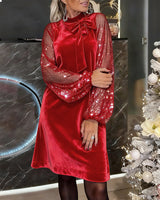 FALWYN | ELEGANT PATCHWORK LANTERN-SLEEVE DRESS