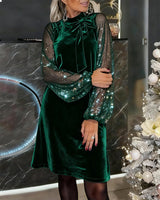 FALWYN | ELEGANT PATCHWORK LANTERN-SLEEVE DRESS