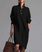 HESLINA | SOLID BUTTONED HIGH-NECK MIDI DRESS