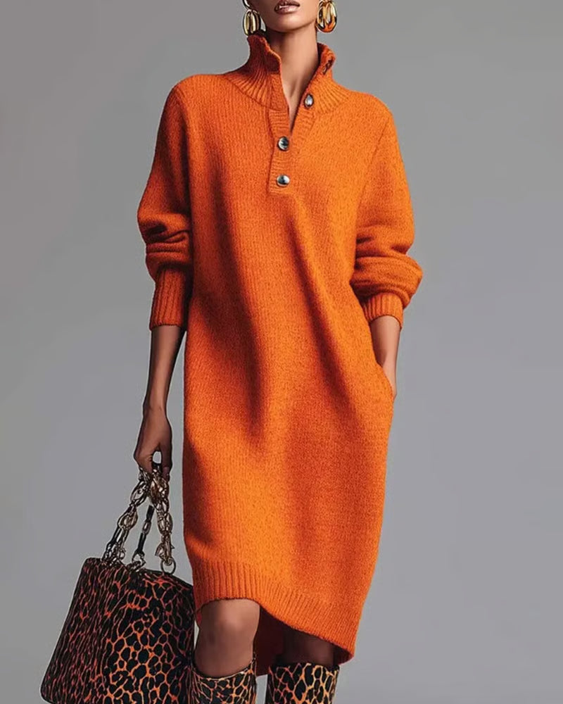 HESLINA | SOLID BUTTONED HIGH-NECK MIDI DRESS