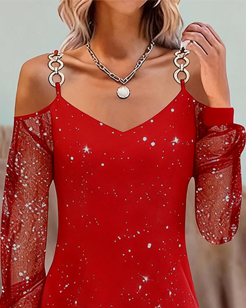 FARLEIGH | ELEGANT MESH-DETAIL LONG-SLEEVE DRESS