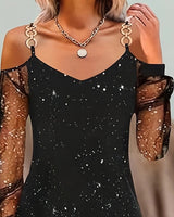 FARLEIGH | ELEGANT MESH-DETAIL LONG-SLEEVE DRESS